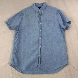 J.Crew Button Down Shirt Mens Large Blue Excellent 100% Linen Short Sleeve H4802